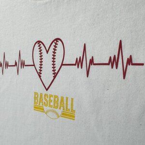 Baseball Heartbeat Heart Graphic T-Shirt, White, Sports Fan Tee for Baseball Lov